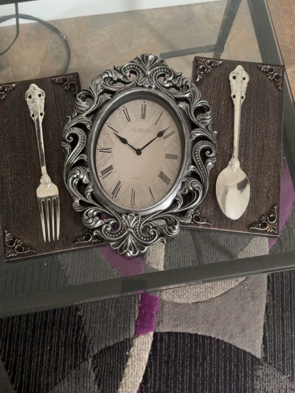Ornate Silver Decorative Wall Clock with Fork & Spoon Accents